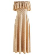 Golden Dotted Ruffled Overlay Off-Shoulder Dress in Apricot