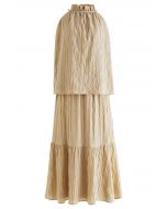 Striped Halter Top and Frilling Maxi Skirt Set in Light Tan