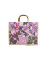 Sequin Floral Embroidered Bamboo Handle Tote Bag in Violet