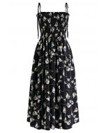 Contrast Tulip Tie-Shoulder Frilling Dress in Black