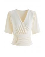 Ruched Waist Faux-Wrap Top in Cream