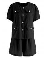 Fake Flap Pockets Button Down Top and Shorts Set in Black