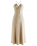 Crisscross Lace-Up Back Satin Dress in Sand