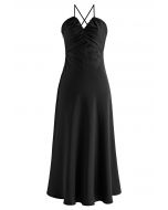 Crisscross Lace-Up Back Satin Dress in Black