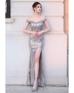 Off-Shoulder Sequin High Slit Gown in Silver