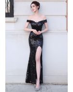 Off-Shoulder Sequin High Slit Gown in Black