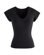 V-Neck Fitted Rib Knit Top in Black