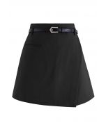 Irregular Cut Line Flap Belted Skorts in Black