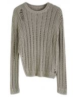 Side Slit Pointelle Knit Sweater in Khaki