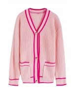 Contrast Line Patch Pocket Waffle Knit Cardigan in Pink