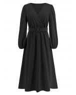 Flock Dot Jacquard Faux-Wrap Belted Dress in Black