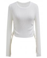 Side Drawstring Long Sleeves Crop Top in Ivory