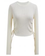 Side Drawstring Long Sleeves Crop Top in Cream