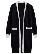 Contrast Edge Open Front Longline Knit Cardigan in Black