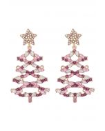 Hollow Out Christmas Tree Rhinestone Earrings in Pink