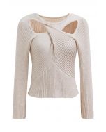 Twist Cutout Neck Ribbed Knit Top in Ivory