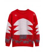 Joyful Christmas Tree and Elk Jacquard Knit Sweater in Red