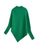 Asymmetric Batwing Sleeve Ribbed Knit Poncho in Green