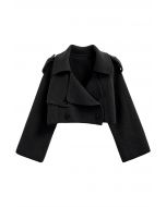 Flap Collar Knitted Crop Cardigan in Black