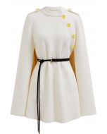 Golden Button Belted Cape Coat in Ivory