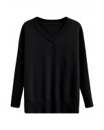 Dropped Shoulder Side Slit Slouchy Knit Sweater in Black