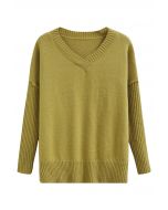 Dropped Shoulder Side Slit Slouchy Knit Sweater in Lime