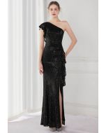 Sequined One-Shoulder Ruffle Mermaid Gown in Black