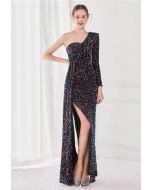 One-Shoulder Sequined Ruffle Slit Maxi Gown in Black