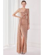 One-Shoulder Sequined Ruffle Slit Maxi Gown in Champagne