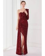 One-Shoulder Sequined Ruffle Slit Maxi Gown in Burgundy