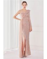 One-Shoulder Sequined Ruffle Slit Maxi Gown in Pink