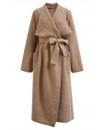 Wide Lapel Tie Waist Longline Knit Cardigan in Camel