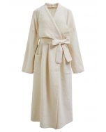 Wide Lapel Tie Waist Longline Knit Cardigan in Cream