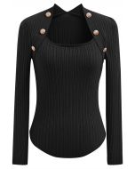 Button Embellished Square Neck Knit Top in Black