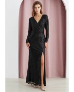 Darling Sequin Faux-Wrap High Slit Gown in Black