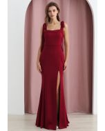 Tie-Shoulder High Slit Maxi Gown in Red