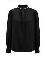 Pearl Neckline Glam Satin Top in Black