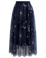 Mysterious Night Moon and Star Embroidered Mesh Tulle Skirt in Navy