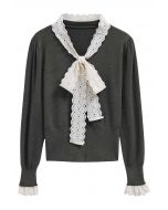 Embroidered Eyelet Bowknot Heart Button Fuzzy Knit Cardigan in Grey