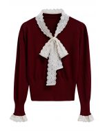 Embroidered Eyelet Bowknot Heart Button Fuzzy Knit Cardigan in Red