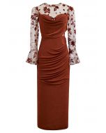 Velvet Floral Mesh Spliced Ruched Bodycon Dress in Pumpkin