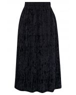 3D Floret Shimmer Fringe Velvet Midi Skirt in Black