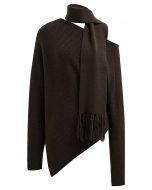 Asymmetric Ribbed Knit Sweater with Tassel Scarf in Brown