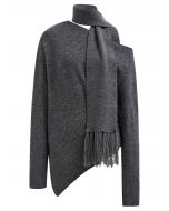 Asymmetric Ribbed Knit Sweater with Tassel Scarf in Smoke