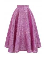 Shiny Pink Embossed Texture Jacquard Flare Midi Skirt