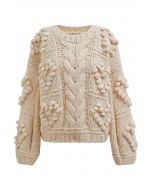 Pom-Pom Heart Braid Hand Knit Sweater in Cream