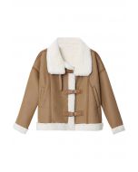 Faux Fur Buckle Fastening PU Leather Jacket in Camel