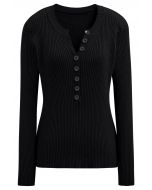 Versatile Button Front Ribbed Knit Top in Black