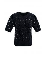 Pearly Short Sleeve Cable Knit Sweater in Black