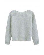 Boat Neck Ribbed Detailing Knit Sweater in Baby Blue